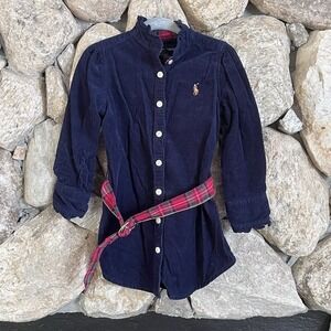 Ralph‎ Lauren Navy Blue Corduroy Long Sleeve Shirt Dress 2t Plaid Belt Ruffles